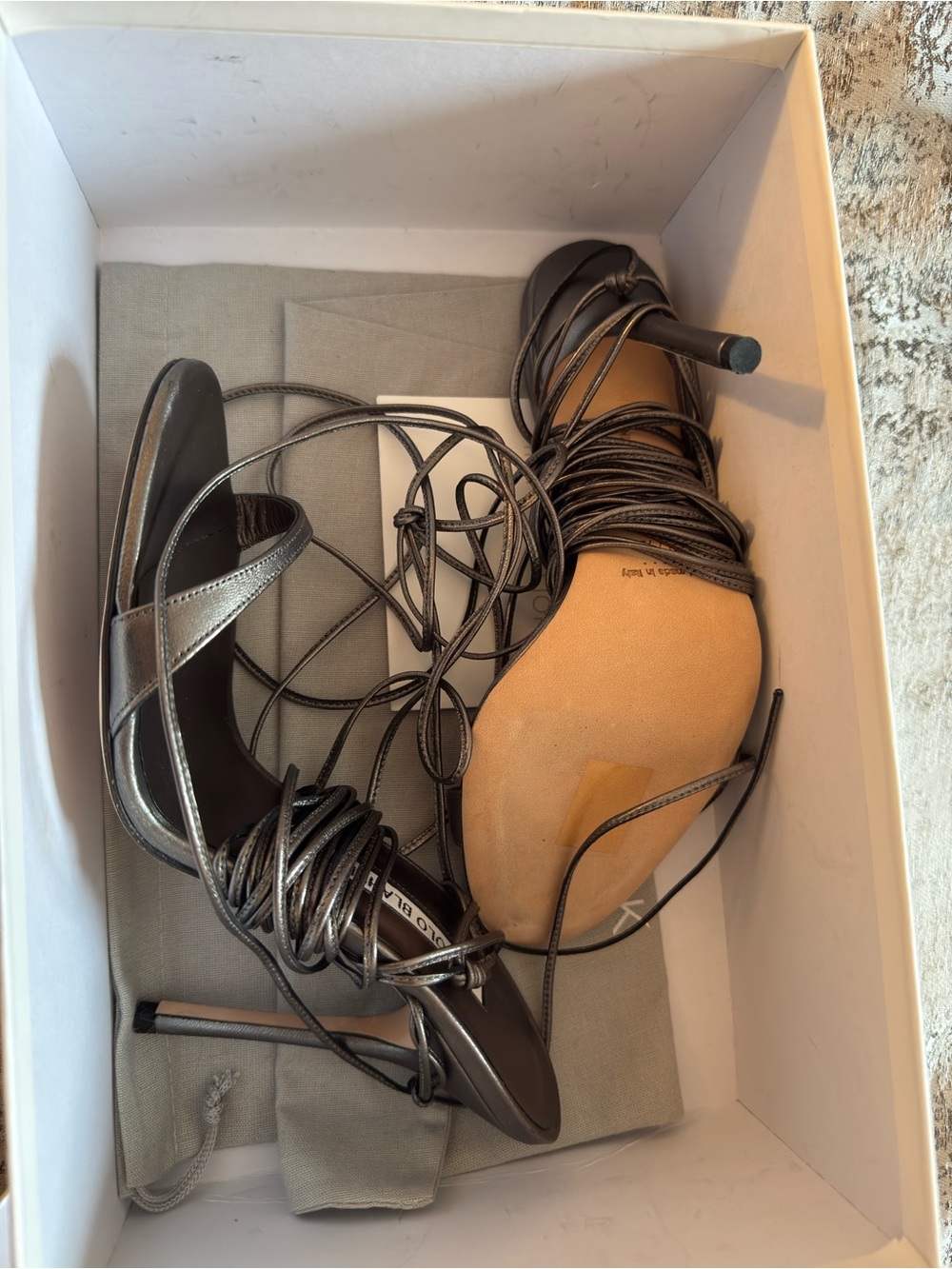 Manolo Blahnik Metallic Black Lace-Up Stiletto Sandals NWT - Size 7.5